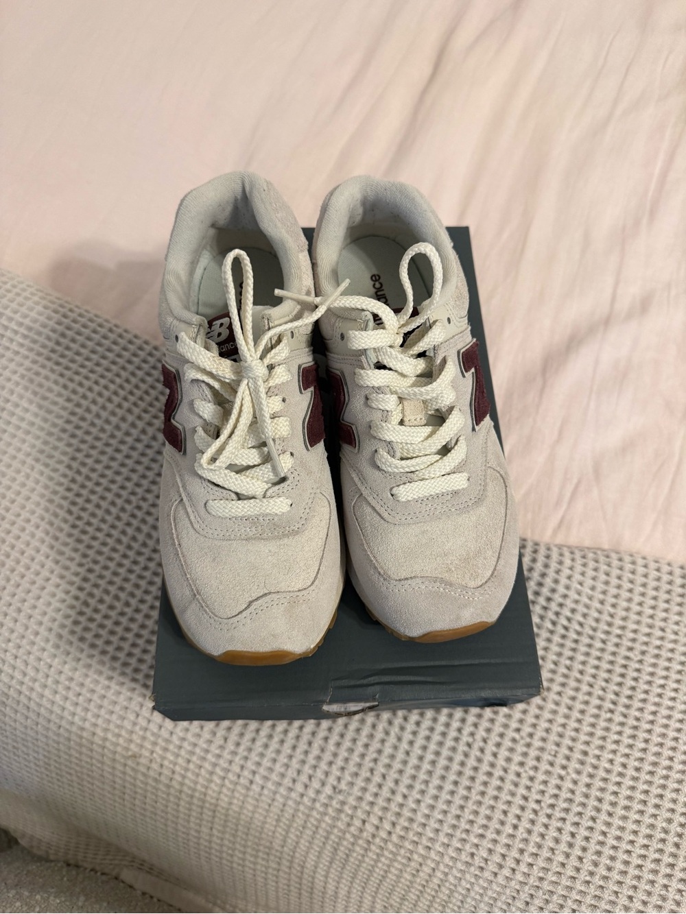 New Balance Cream & Burgundy Suede Sneakers